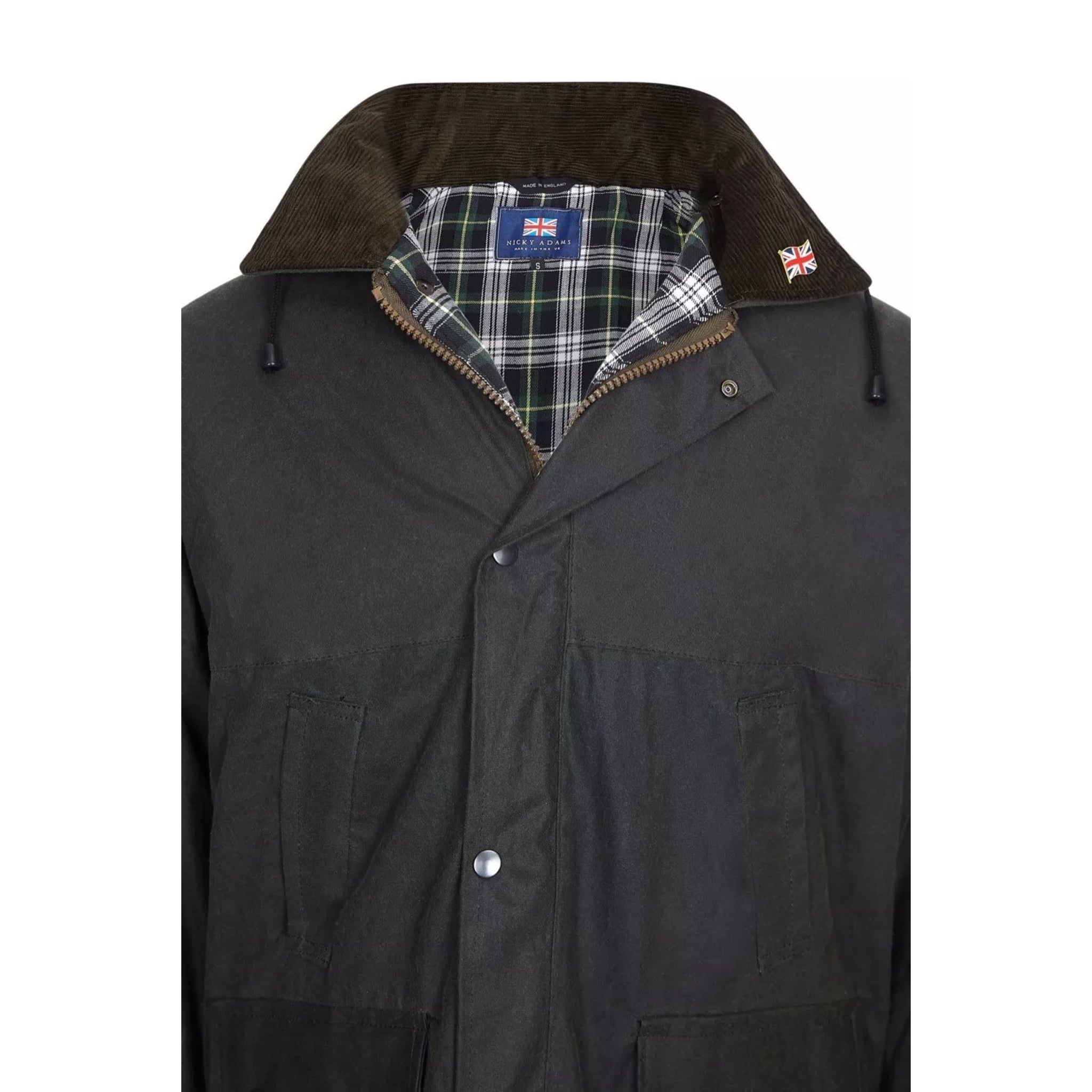 Nicky Adams men's olive green padded wax jacket with hood, corduroy collar, and multiple pockets – classic British country outerwear